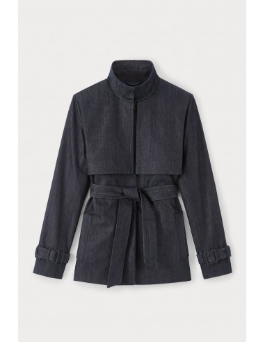 NAVY BLUE Short Denim Trench Coat with Belted Cuffs livraison gratuite