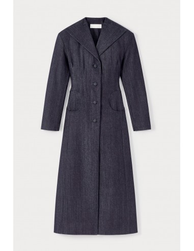 NAVY BLUE Denim Long Coat with Shawl Collar and Button Details destockage