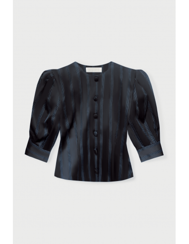 BLACK & CELESTE Satin Striped Blouse with Puff Sleeves acheter