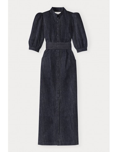 DARK BLUE Denim Puff Sleeve Long Dress Venez acheter