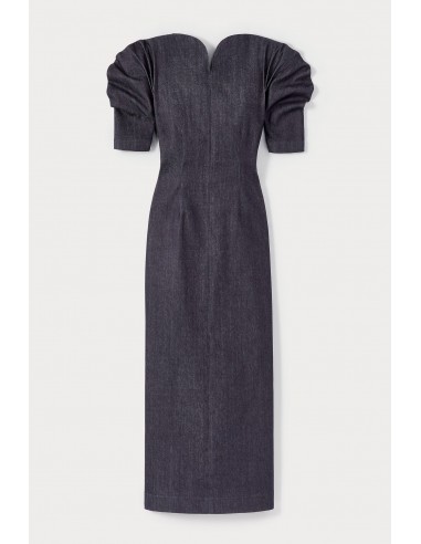 NAVY BLUE Sweetheart Neckline Long Denim Dress with Puff Sleeves pas cher