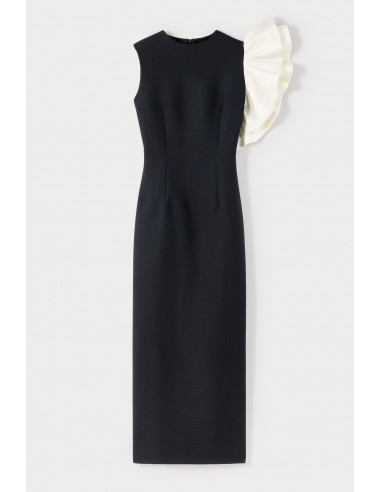 BLACK & WHITE Crepe Midi Dress with Asymmetric Ruffle Detail Les êtres humains sont 