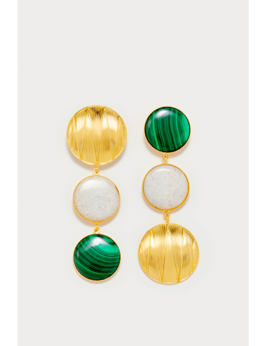 Boucles d'oreilles géométriques à double pierre vert foncé et dorées Les magasins à Paris