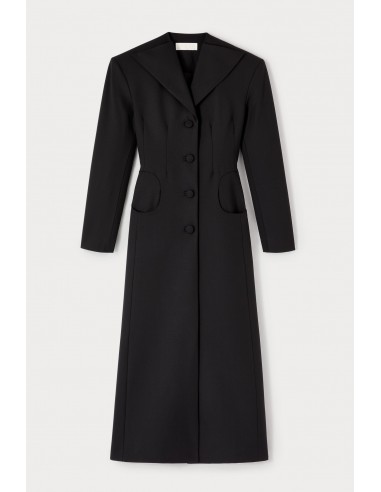 Manteau long tailleur noir avec col châle et détails de boutons en stock