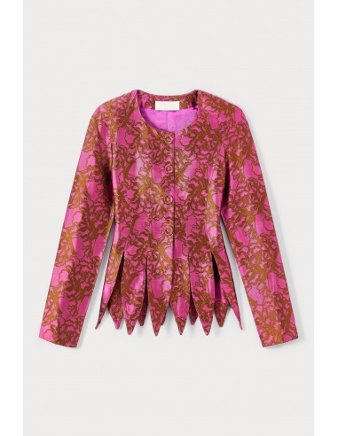 Fuschia & Brown Jacquard Satin Jacket with Zigzag Hem france