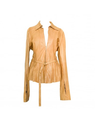 Roberto Cavalli S/S 2003 Tan Crinkled Leather Jacket with Floral Perforations store